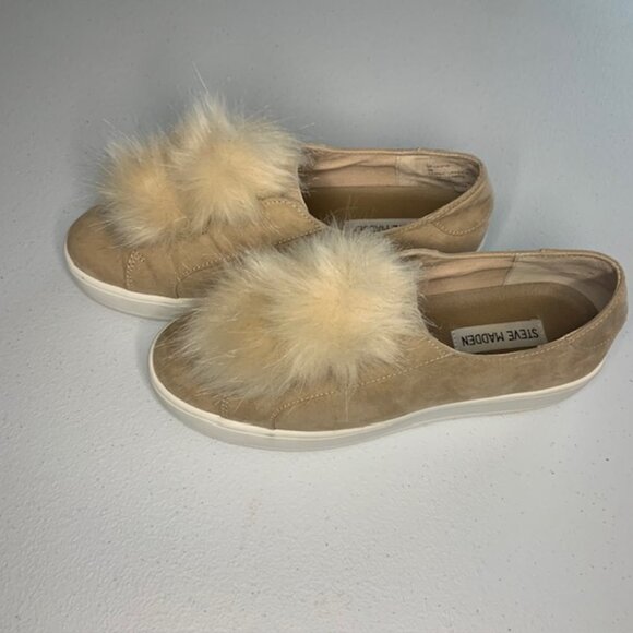 Steve Madden Poof Faux Fur Tan Platform Slip-On Loafers Shoes Suede-Like - Sz 9 - Picture 3 of 8